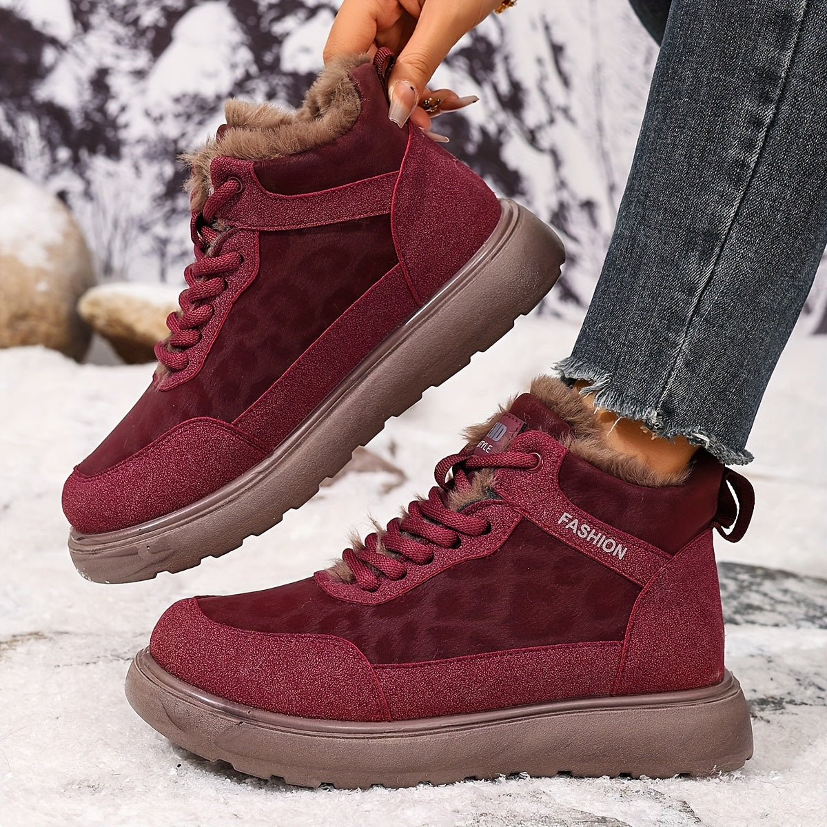 Damen Winter Stiefelette gefüttert mit Leopardenmuster, Schnürung und dicker Sohle