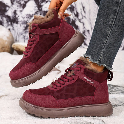 Damen Winter Stiefelette gefüttert mit Leopardenmuster, Schnürung und dicker Sohle
