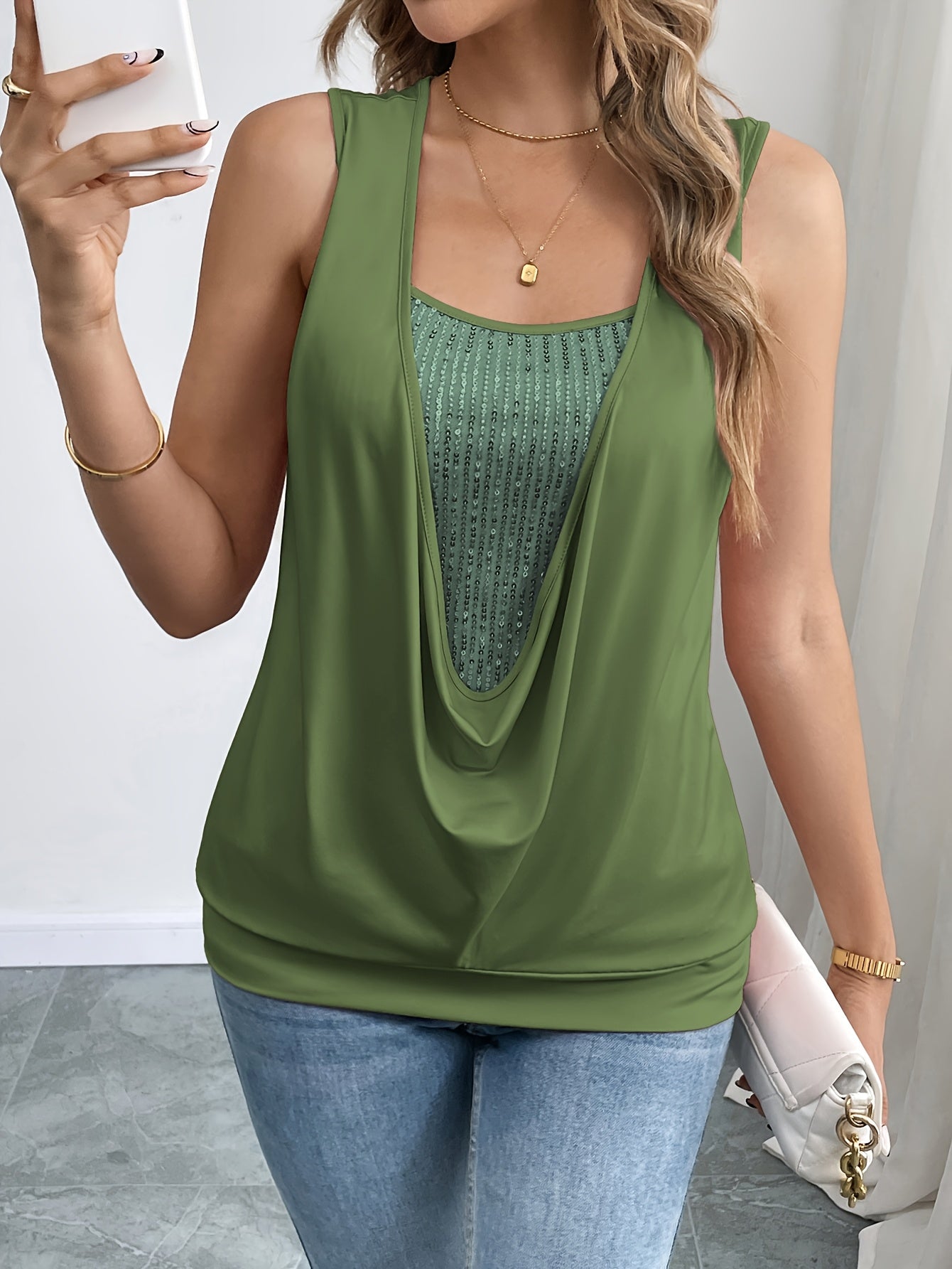 Damen Modisches Ärmelloses Drape-Top mit Lagen-Look für Alltag und Freizeit