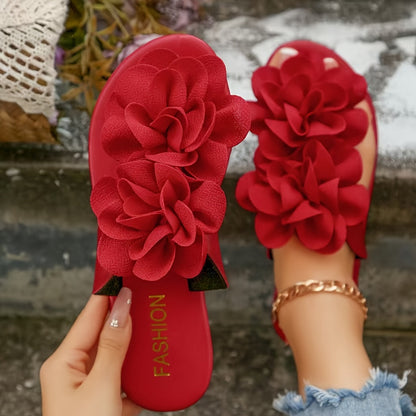 Damen Sandalen mit großer Blumenapplikation – Modische Slip-On Pantoletten für Freizeit und Alltag