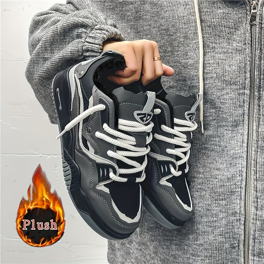 Sneaker mit Plüschfutter in Grau-Weiß, klobige Sohle, Schnürung