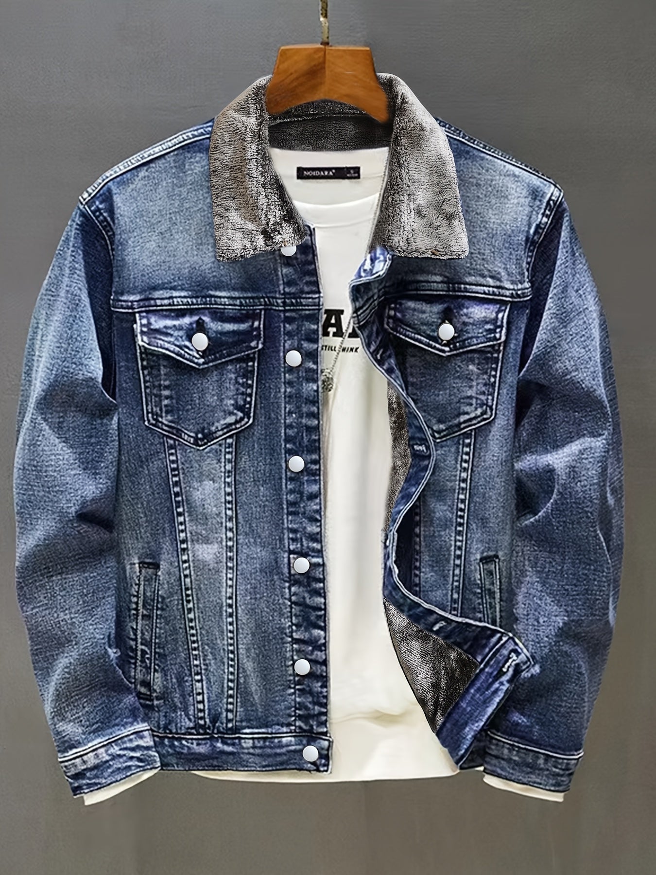 Jeansjacke Herren gefüttert mit Fellkragen Hellblau Winterjacke Baumwoll-Mix
