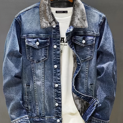 Jeansjacke Herren gefüttert mit Fellkragen Hellblau Winterjacke Baumwoll-Mix