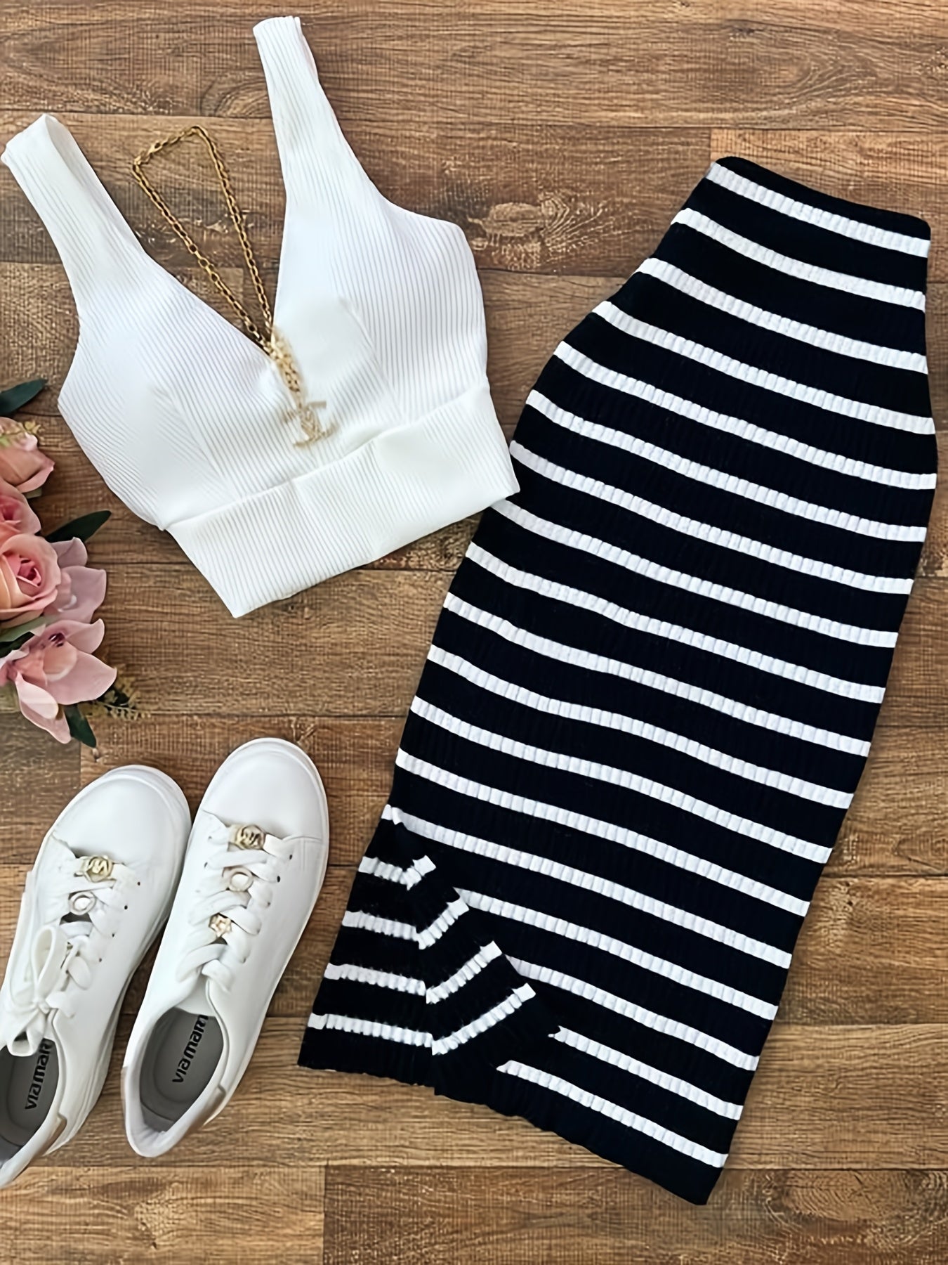 Damen Set Zweiteiler – Trendiges Crop Top und Gestreifter Midirock für Freizeit und Alltag