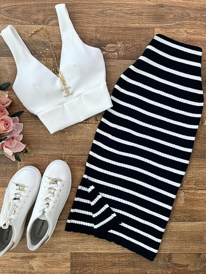 Damen Set Zweiteiler – Trendiges Crop Top und Gestreifter Midirock für Freizeit und Alltag