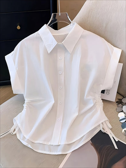 Damen Kurzarm Bluse mit Kragen und Bindeband-Detail – Modernes Business & Freizeit Hemd