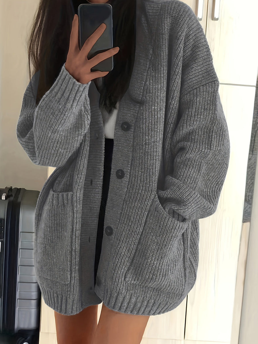 Damen Strickjacke Langarm V-Ausschnitt Knopfleiste Rippstrick Oversize