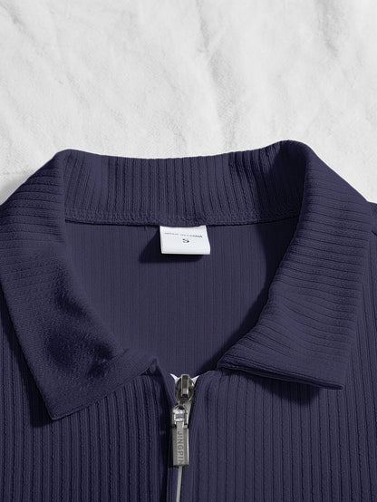 Herren Rippstrick Polo-Pullover mit Reißverschluss, Langarm