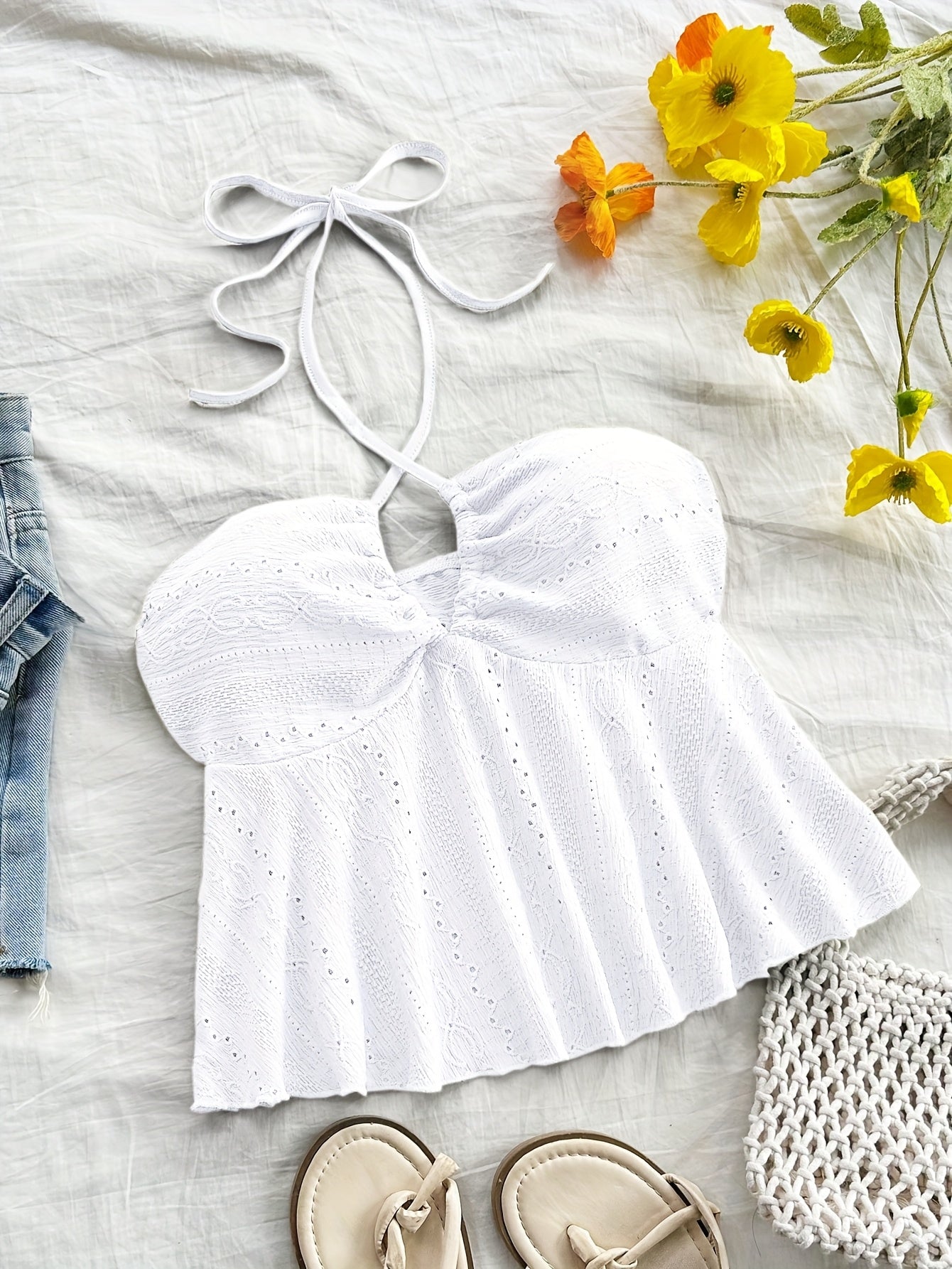 Damen Halter Babydoll Top mit Stickerei – Romantischer Vintage-Look für Freizeit & Urlaub