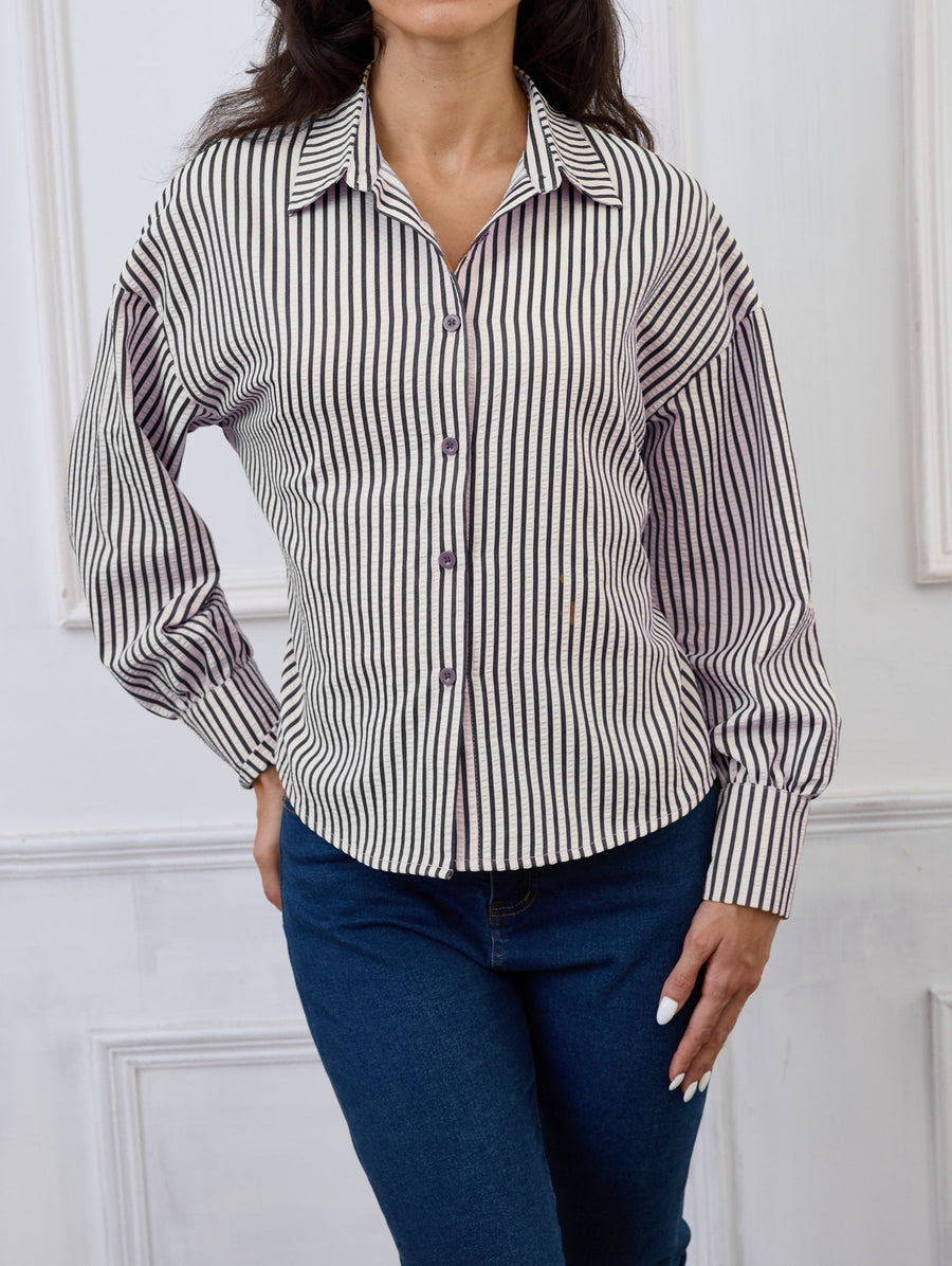 Damen Bluse gestreift mit Rückenschnürung Langarm Hemd