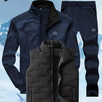 Herren 3-teiliges Sportoutfit mit Stehkragen-Trainingsjacke, Jogginghose und Steppweste
