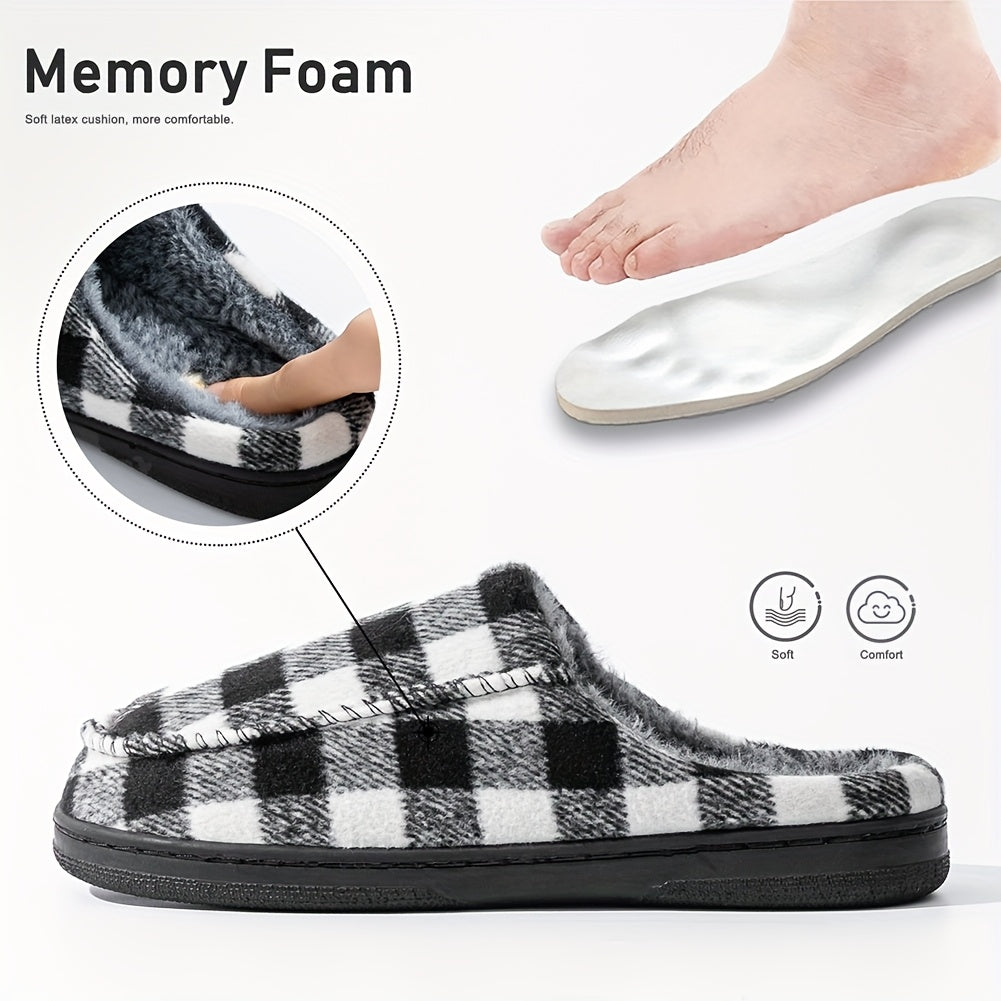 Unisex Hausschuhe Slipper Kariert Schwarz Weiß mit Plüschfutter