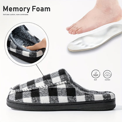 Unisex Hausschuhe Slipper Kariert Schwarz Weiß mit Plüschfutter