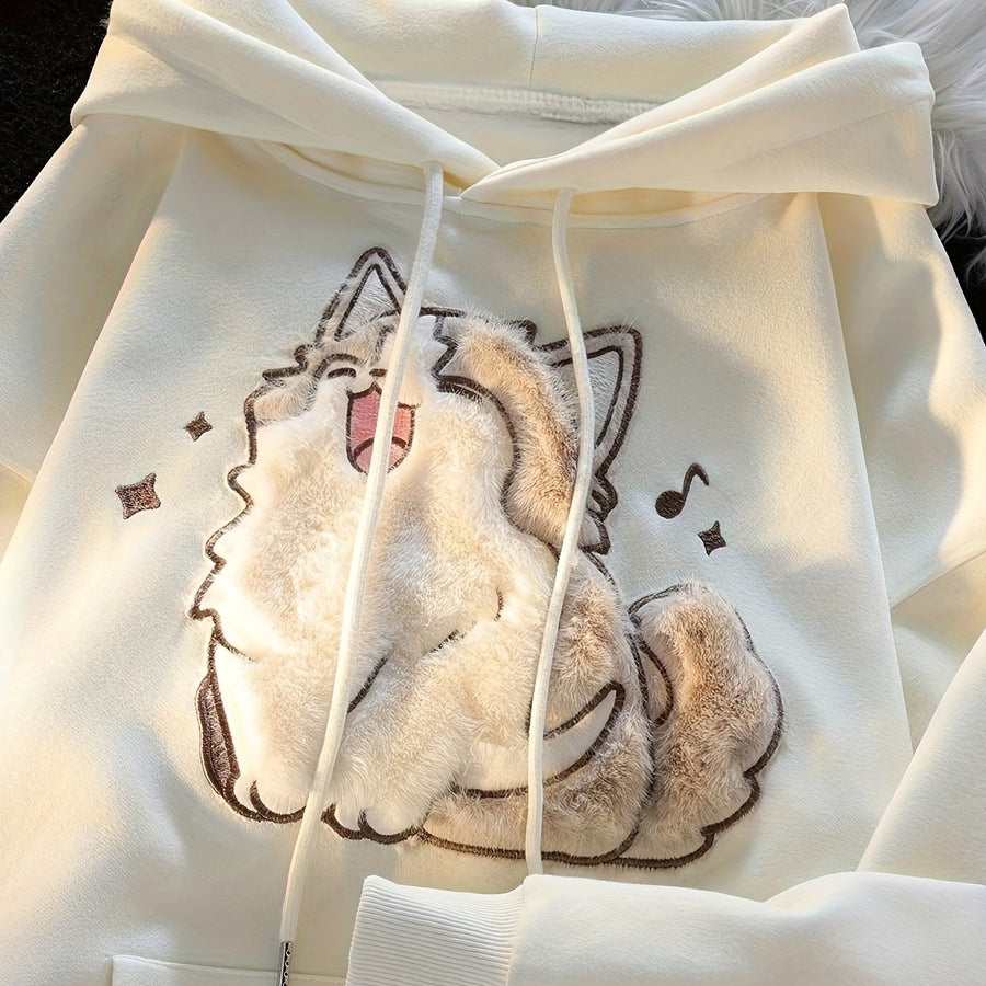 Hoodie Damen Creme mit flauschigem Katzen-Motiv