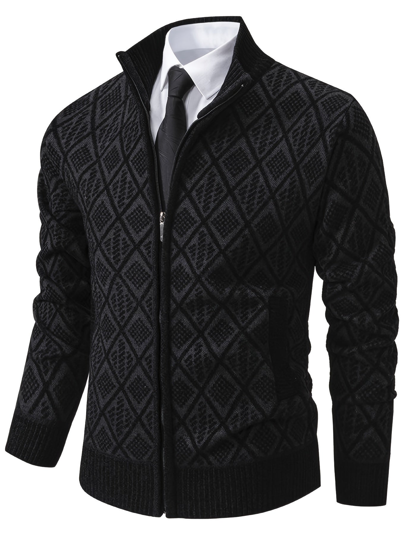 Herren Strickjacke mit Stehkragen, Reißverschluss und Rautenmuster