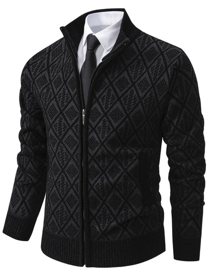 Herren Strickjacke mit Stehkragen, Reißverschluss und Rautenmuster