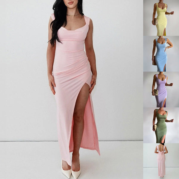 Rebecca – Slanke mouwloze jurk met split en strik op de rug