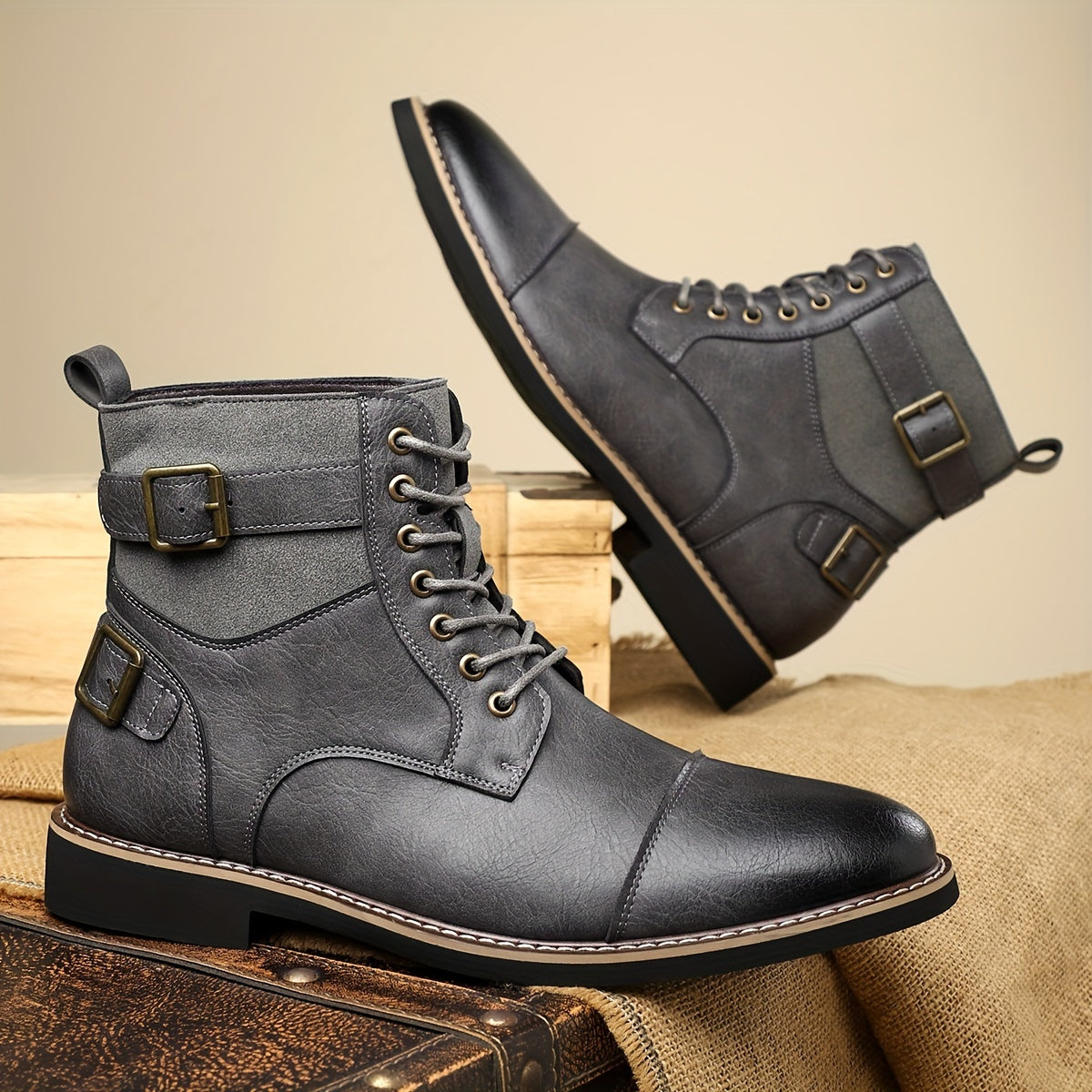 Herren Schnürstiefel Braun mit Schnallen und Profilsohle