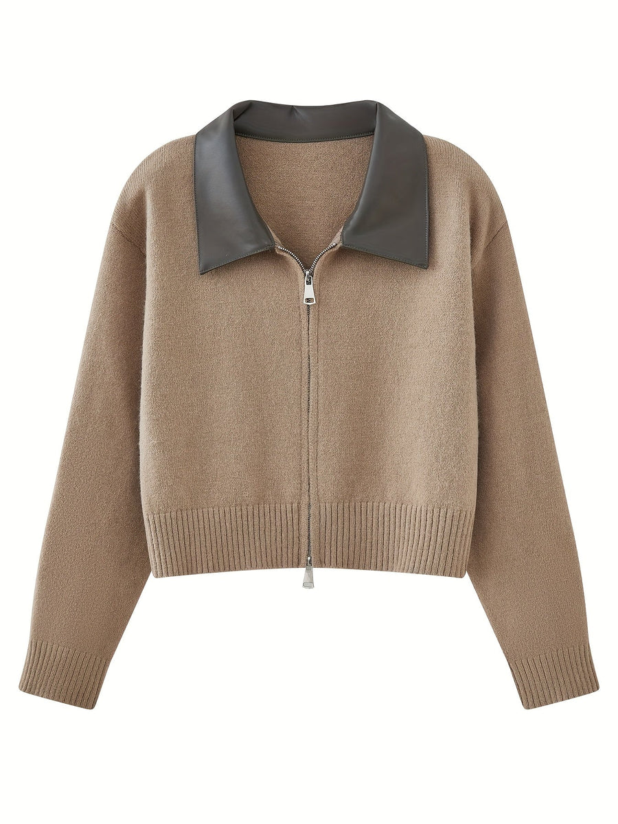 Damen Strickjacke kurz mit Reißverschluss und Kragen in Beige