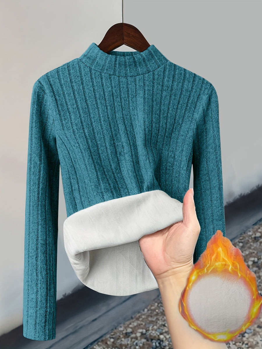 Gerippter Damen Pullover mit hohem Kragen und warmem Fleecefutter, Langarm, Slim Fit