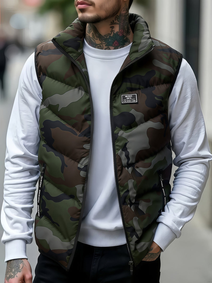 Unisex Camouflage Weste Stehkragen Gesteppt Gefüttert Reißverschluss Outdoor Alltagsmode