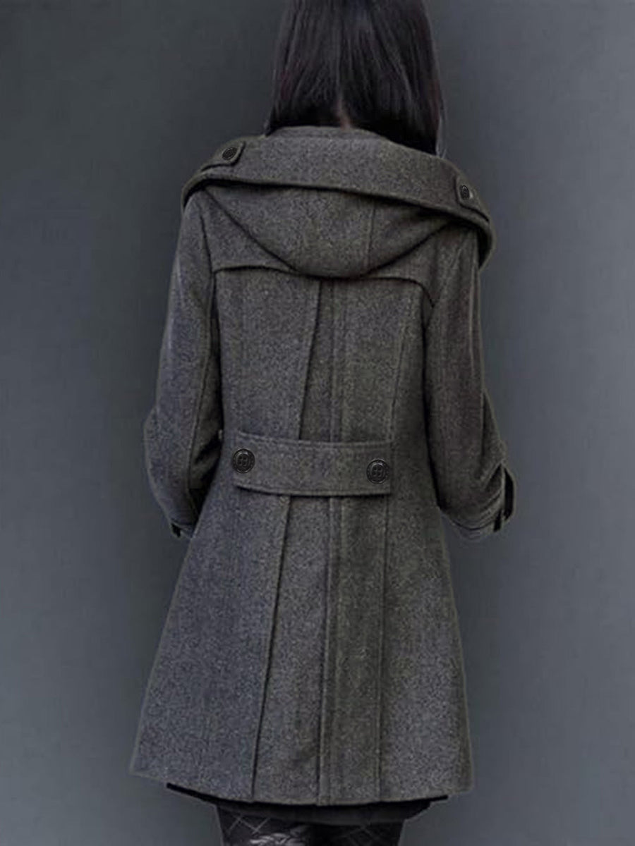 Damen Kurzmantel Dunkelgrau mit Kapuze, Zweireiher, Taschen