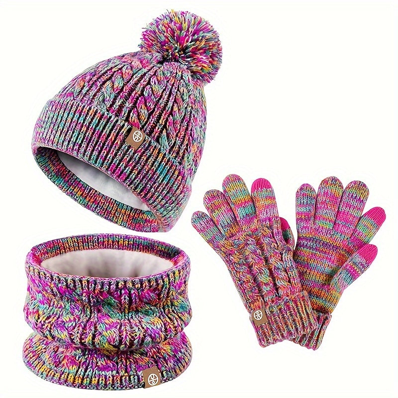 Unisex Strick Mütze mit Bommel, Schal und Handschuhe Set, Winter Warm