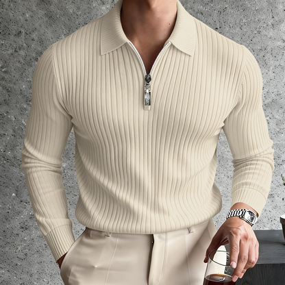 Herren Rippstrick Polo-Pullover mit Reißverschluss, Langarm