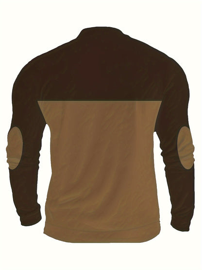 Herren Halb-Reißverschluss Pullover mit Kompass-Motiv, Kragen & Ellenbogen-Patches, Zweifarbig
