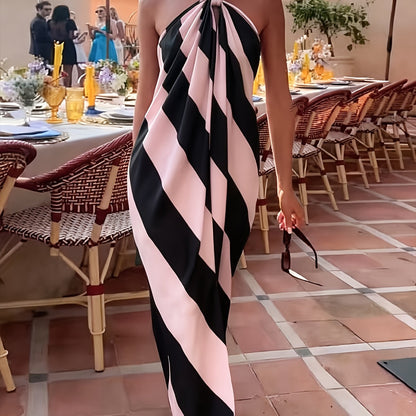 Damen Maxikleid mit Halterneck und Streifen – Elegantes Abend- und Partykleid