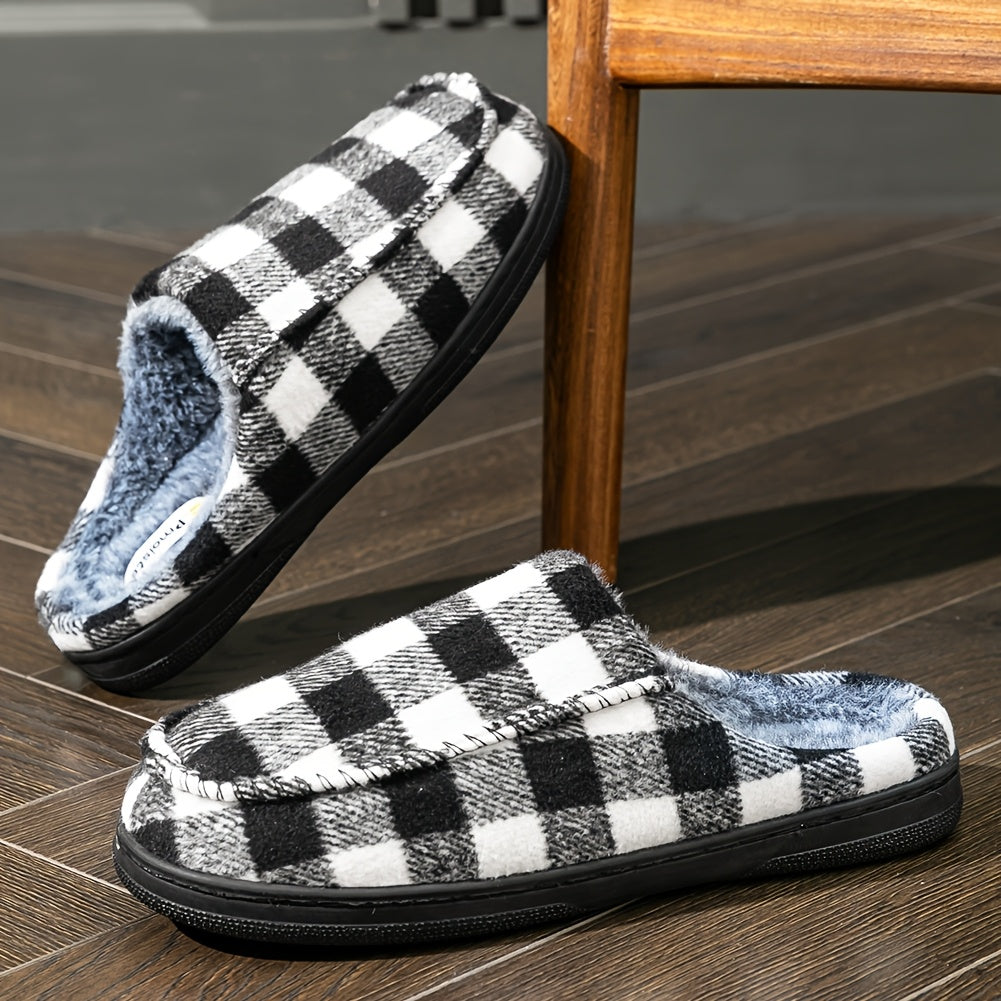 Unisex Hausschuhe Slipper Kariert Schwarz Weiß mit Plüschfutter