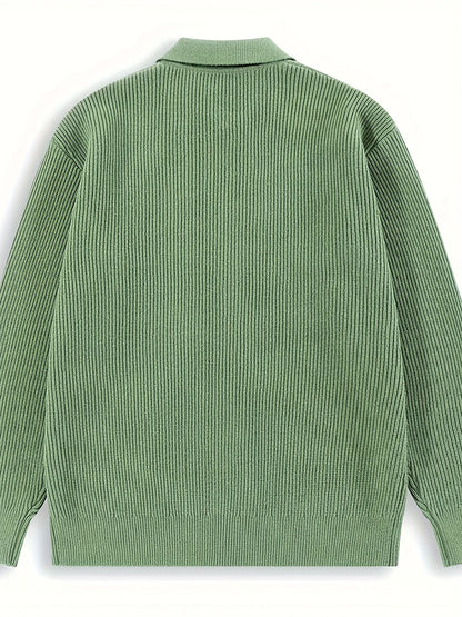 Gerippte Strickjacke für Herren mit Knopfleiste, Polo-Kragen, Langarm