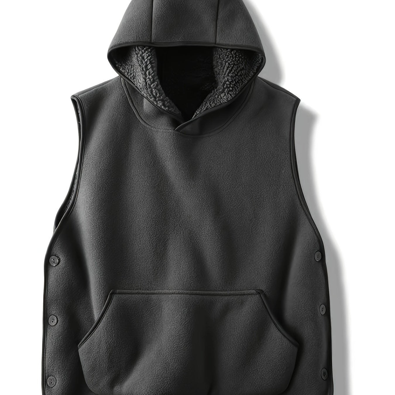 Unisex Kapuzenweste Fleece-Optik mit Kängurutasche und seitlichen Knöpfen