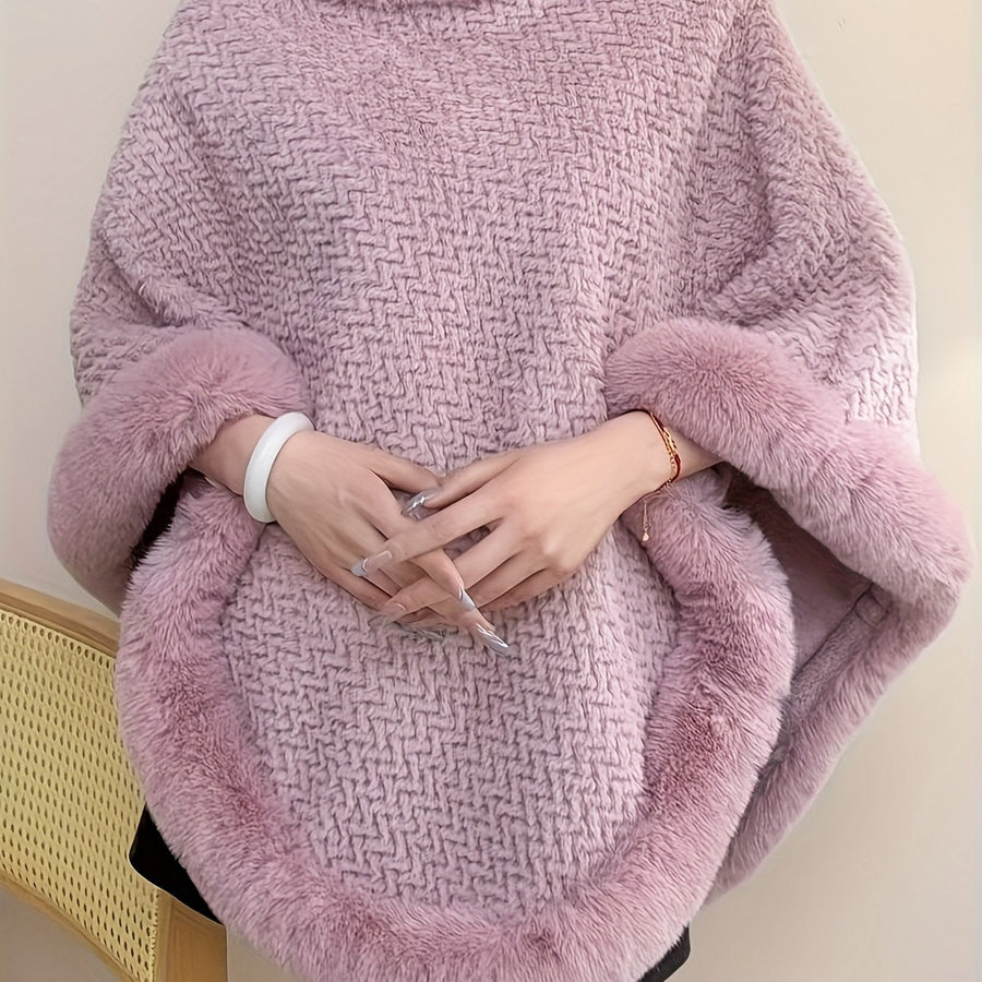 Damen Poncho Kuschelig Weich mit Kunstpelzbesatz Rollkragen