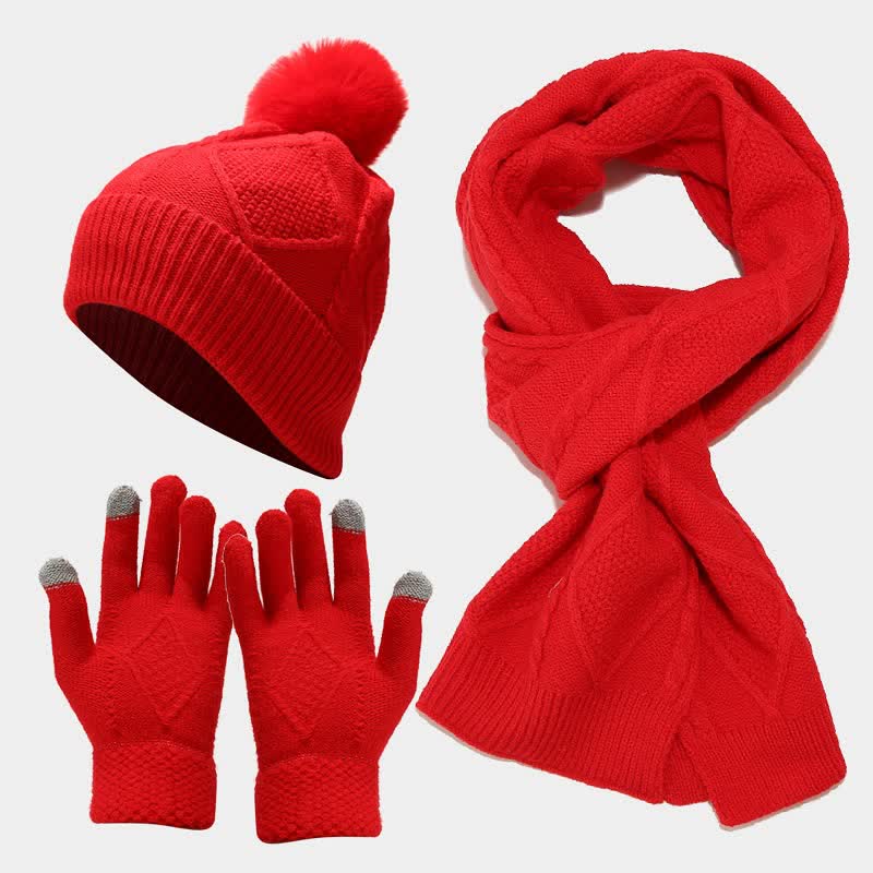 Wintermutsenset met gebreid patroon, pompon, sjaal en touchscreenhandschoenen