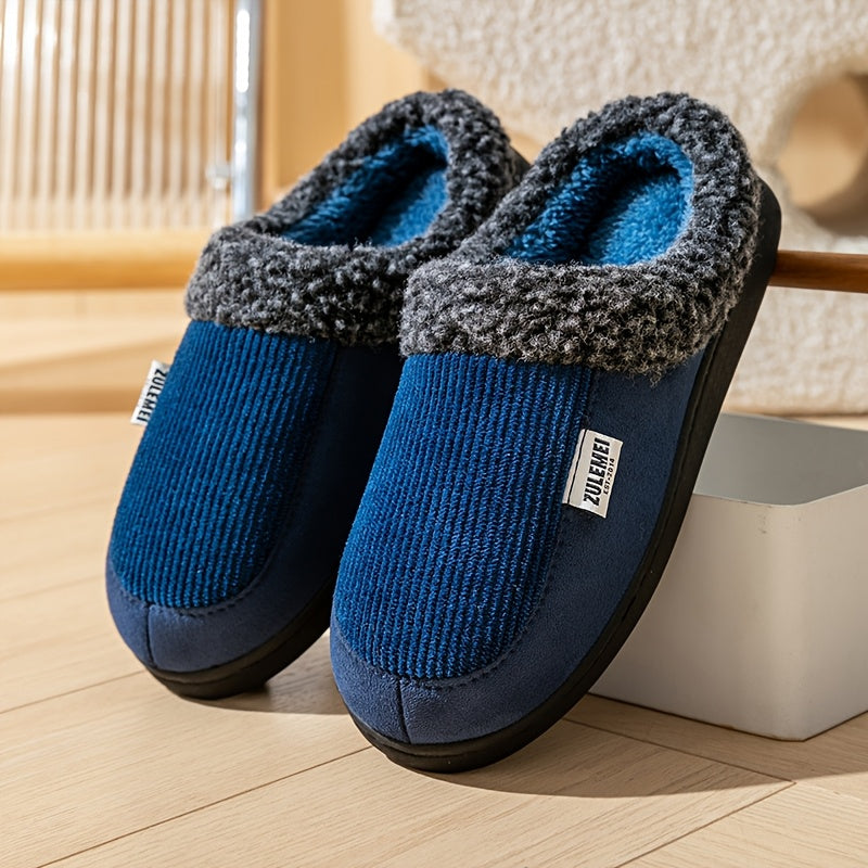 Unisex Winter Hausschuhe gerippt mit Plüschfutter in Blau, Grau, Beige