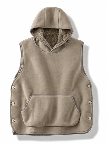 Unisex Kapuzenweste Fleece-Optik mit Kängurutasche und seitlichen Knöpfen