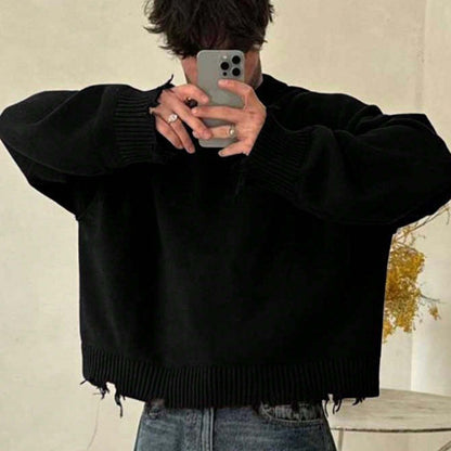 Unisex Distressed Pullover mit Rundhals und Rippstrickbündchen