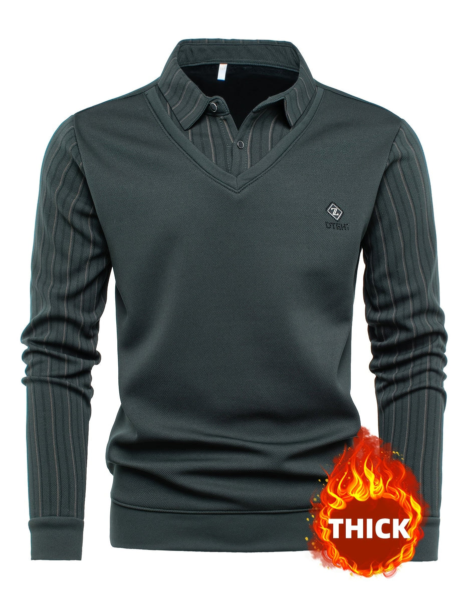 Herren Langarmshirt mit V-Ausschnitt und Hemdkragen, Streifenmuster