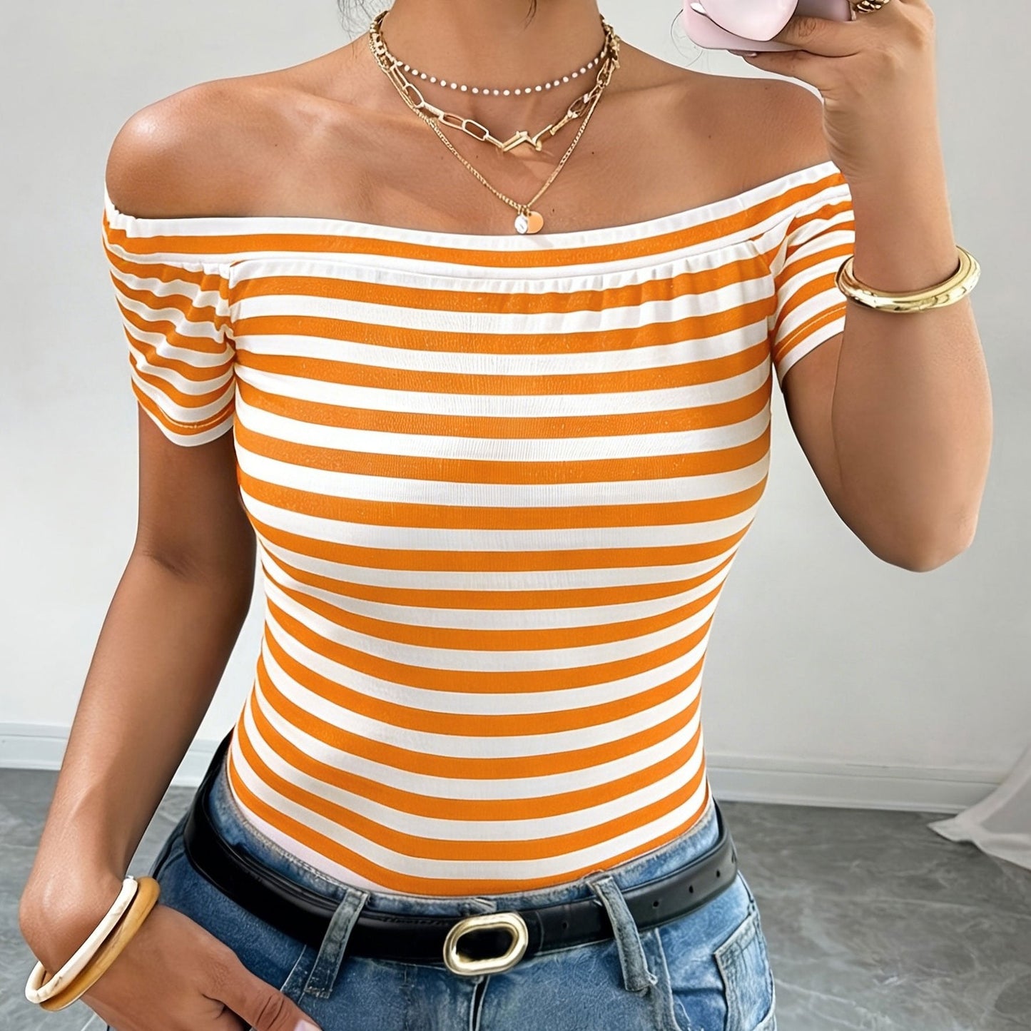 Damen Off-Shoulder Streifen-Shirt – Elegantes Bardot-Oberteil für Freizeit und Ausgehen