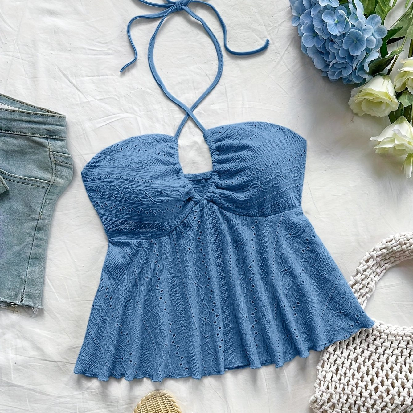 Damen Halter Babydoll Top mit Stickerei – Romantischer Vintage-Look für Freizeit & Urlaub