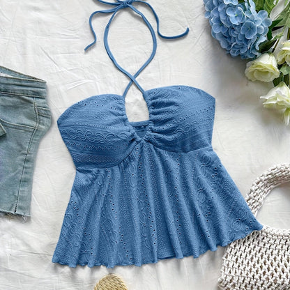 Damen Halter Babydoll Top mit Stickerei – Romantischer Vintage-Look für Freizeit & Urlaub
