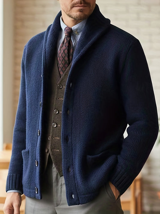 Herren Strickjacke Schalkragen Knopfleiste Dunkelblau Langarm