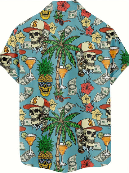 Herren Hawaiian Hemd mit Totenkopf und Sommermuster – Kurzarm, Party & Freizeit