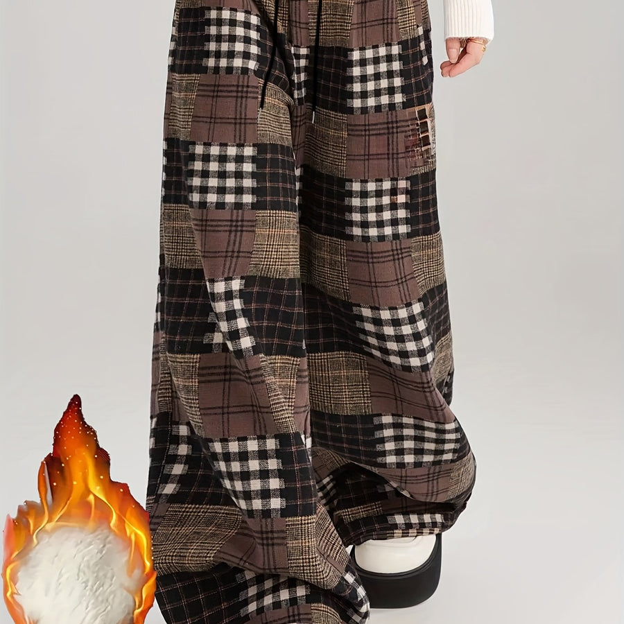 Damen Weite Hose Karomuster Patchwork Braun Schwarz Warm Gefüttert