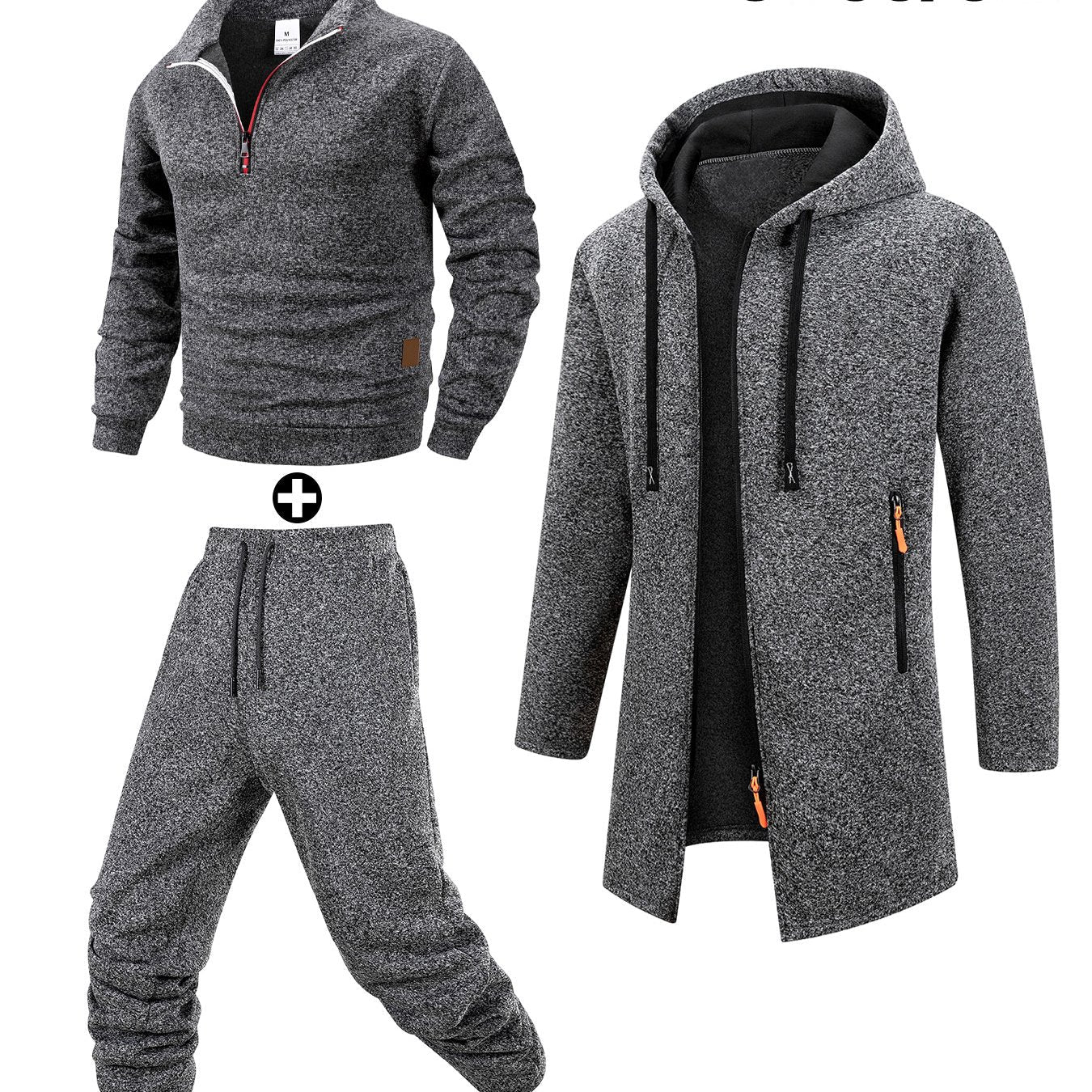 Herren 3-teiliger Trainingsanzug Set mit Kapuzenmantel, Pullover und Hose