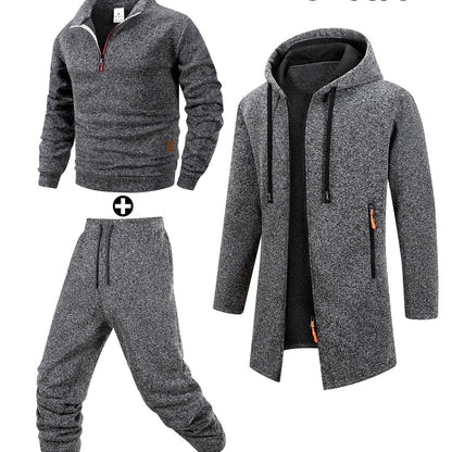 Herren 3-teiliger Trainingsanzug Set mit Kapuzenmantel, Pullover und Hose