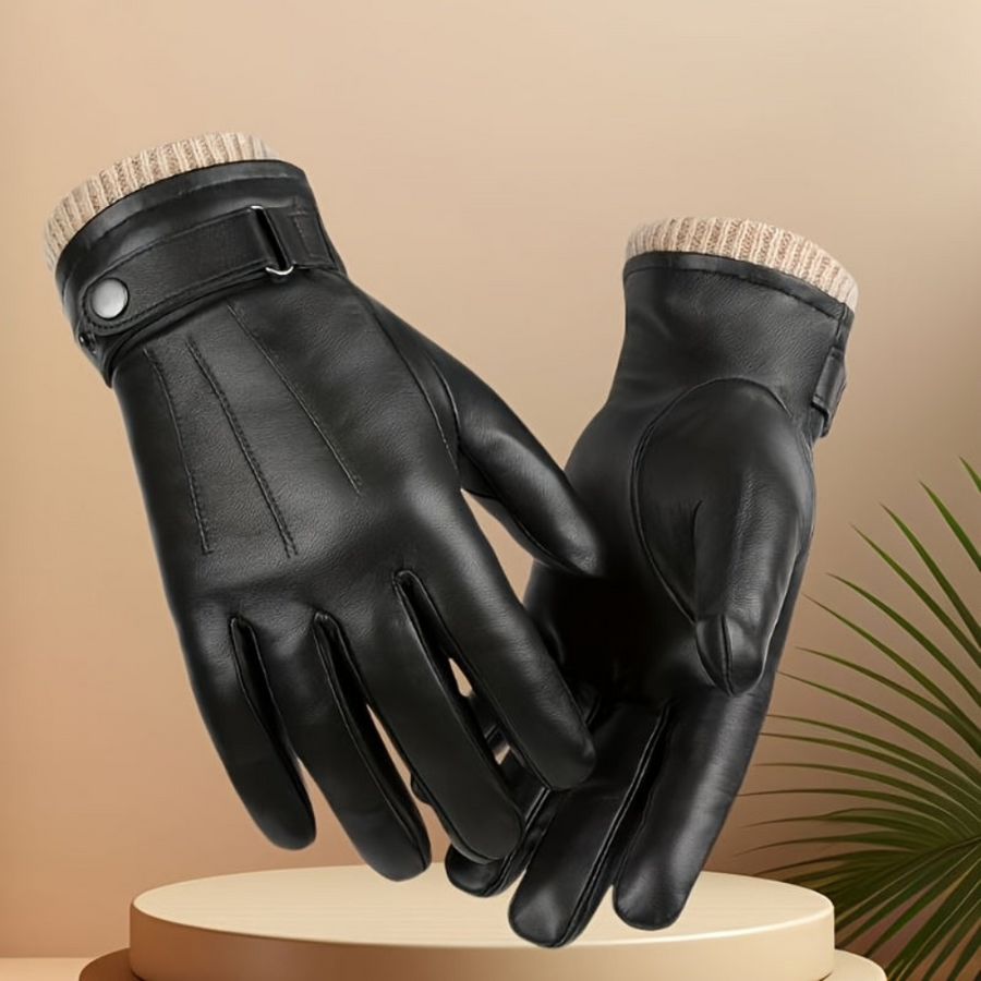 Unisex Handschuhe mit Strickbündchen, Schnalle und Druckknopf, Braun