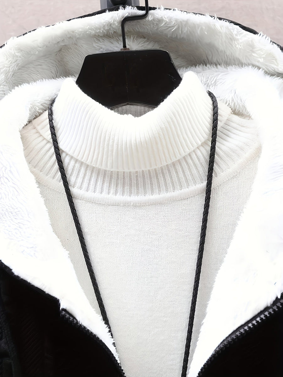 Herren Winter Hoodie Jacke mit Plüschfutter Reißverschluss Dick Gemustert Schwarz