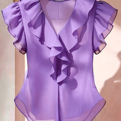 Damen Rüschenbluse mit V-Ausschnitt und Volantärmeln – Eleganter Stil für Büro und besondere Anlässe